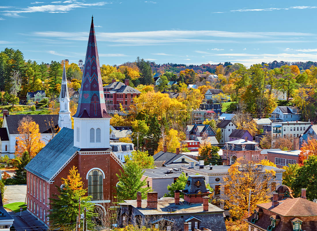 Battleboro, VT - Small Town Skyline With Church and Steeple at Autumn in Vermont